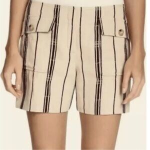 Tory Burch Edna Flat Front High Rise Striped Linen Casual Shorts Size 8 Beige